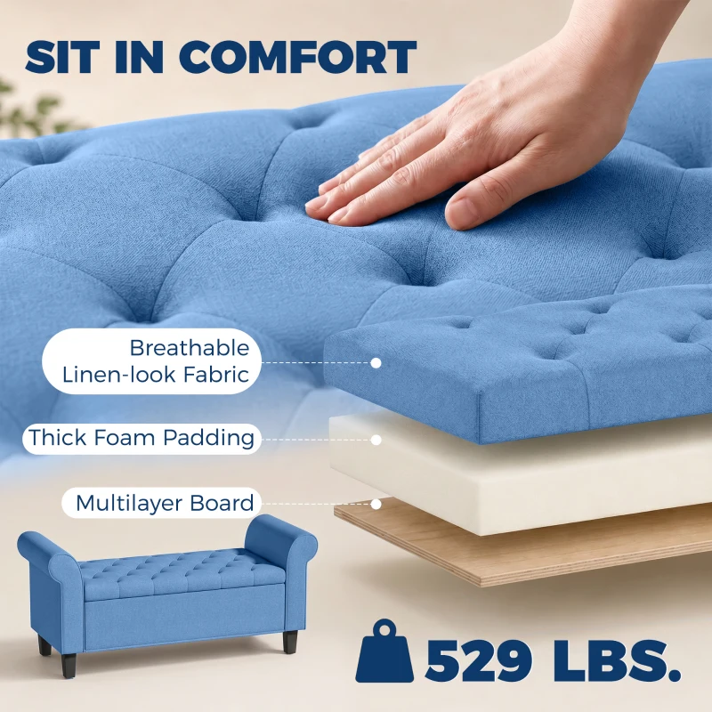 HOMCOM 47" Storage Ottoman Bench, Tufted End of Bed Bench with Rolled Arms, Safety Hinge, Wood Legs for Bedroom, Blue