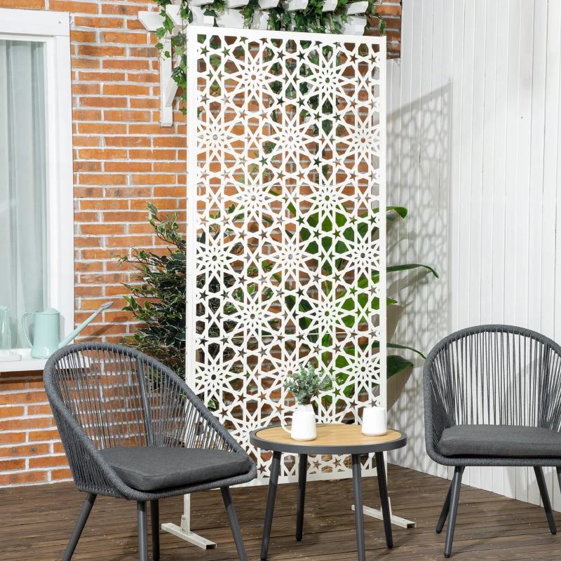 Outsunny Metal Outdoor Privacy Screen, Decorative Outdoor Divider with Stand and Expansion Screws, 36.2" x 17.7" x 78", White