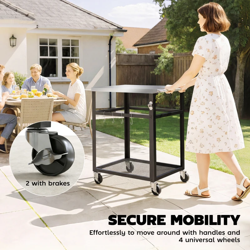 Outsunny Outdoor Grill Cart with Stainless Steel Tabletop, 2-Tier Kitchen Prep Station with Hooks, Lockable Wheels, Black
