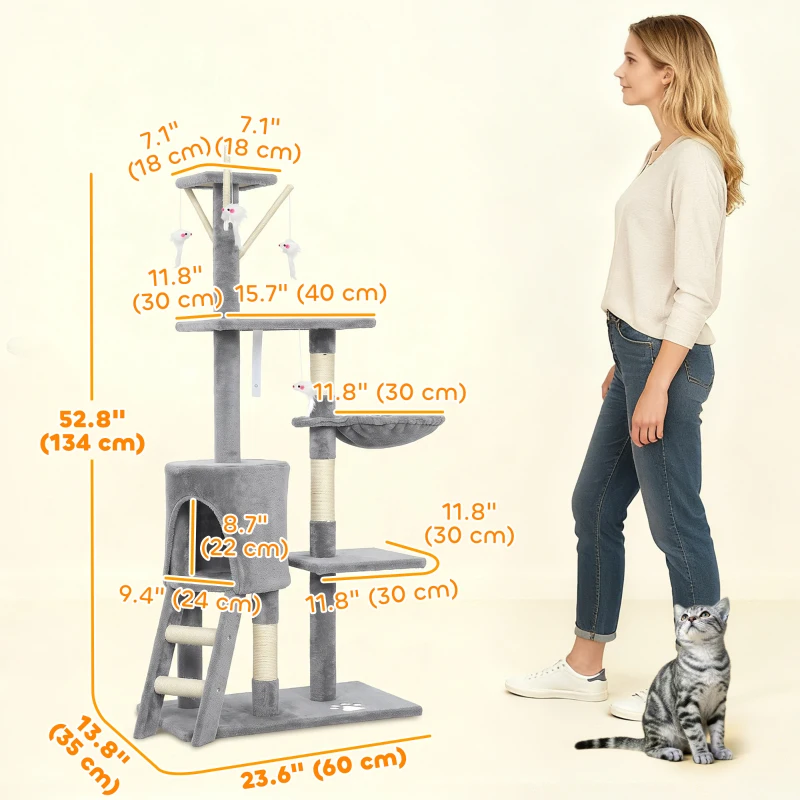 PawHut 53" Cat Tree Tower, Kitten Activity Centre with Scratching Posts, Condo, Perches, Ladder, Hammock, Dangling Toys, Grey