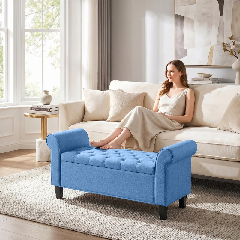 HOMCOM 47" Storage Ottoman Bench, Tufted End of Bed Bench with Rolled Arms, Safety Hinge, Wood Legs for Bedroom, Blue