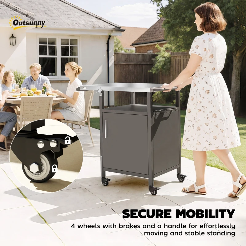 Outsunny Outdoor Grill Cart with Steel top, Pizza Oven Stand with Cabinet, Spice Rack, Towel Holder, Bottle Opener, Brown