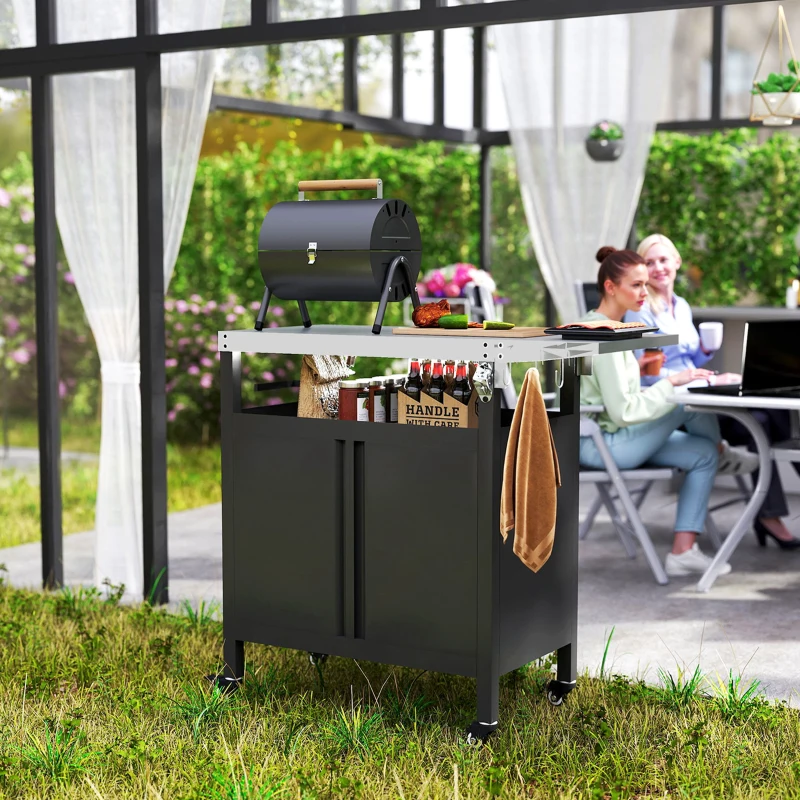 Outsunny Outdoor Grill Cart Table with Foldable Side Table, BBQ Grill Stand with Stainless Steel Top & Hooks, 45.7"x19.7", Black