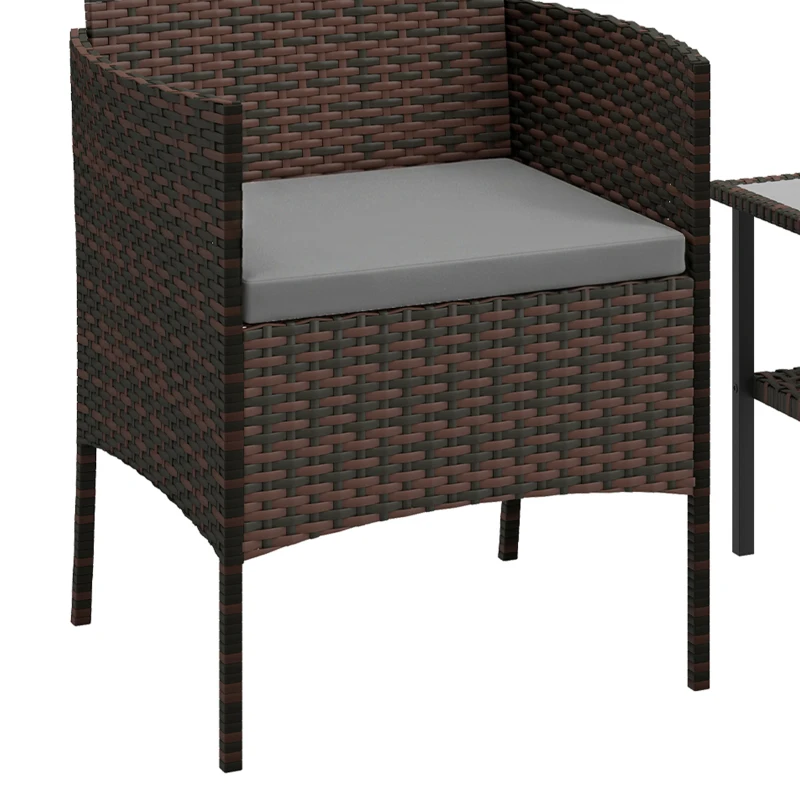 Outsunny Wicker Bistro Set, 3 Piece Patio Furniture Set with 2-Tier Glass Top Table, Cushions for Balcony, Porch, Dark Grey