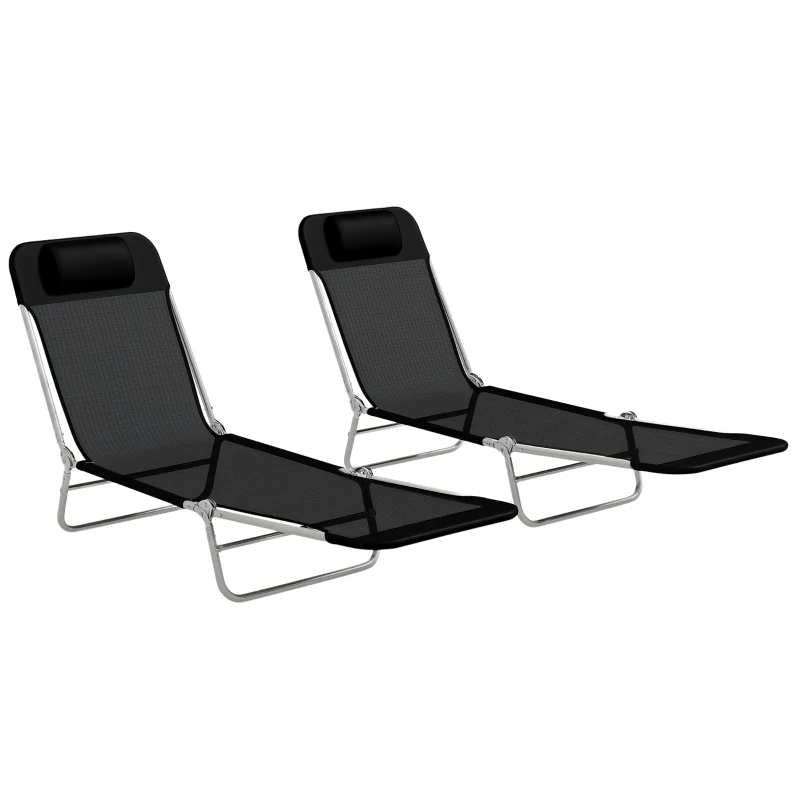 Outsunny Folding Outdoor Lounge Chair Set of 2, Reclining Tanning Chair with 5-Position Adjustable Backrest, Black