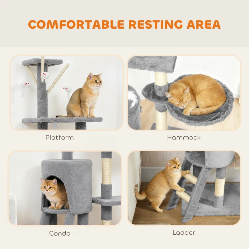 PawHut 53" Cat Tree Tower, Kitten Activity Centre with Scratching Posts, Condo, Perches, Ladder, Hammock, Dangling Toys, Grey