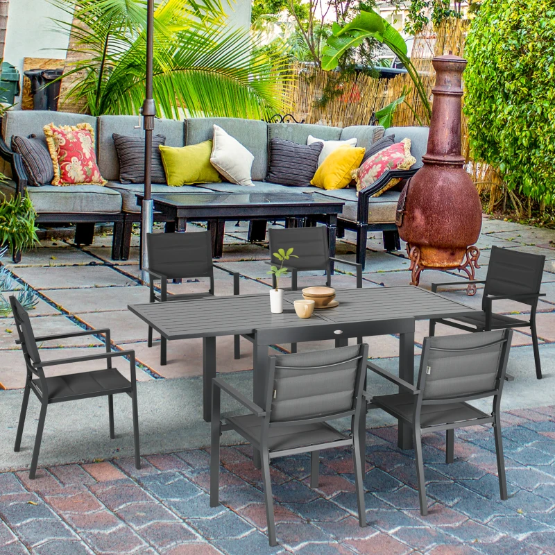 Outsunny Patio Dining Set for 6, Aluminum Expandable Outdoor Table and 6 Stackable Chairs with Padded Back, Mesh Seat, Dark Grey