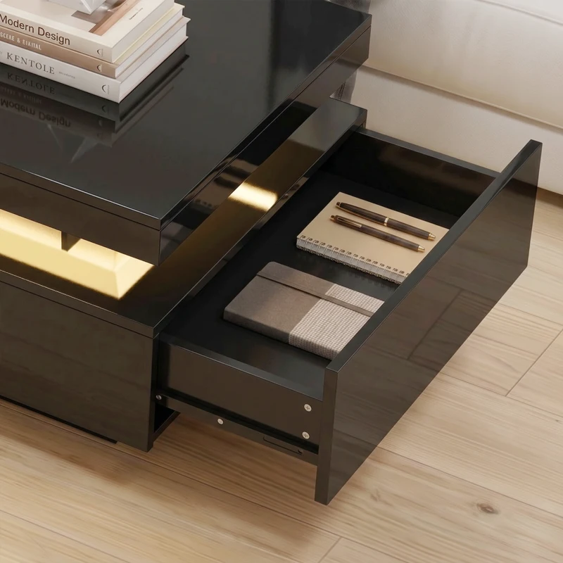 HOMCOM LED Coffee Table with Storage, 2-Tier Modern Center Table with 2 Drawers for Living Room, High Gloss Black