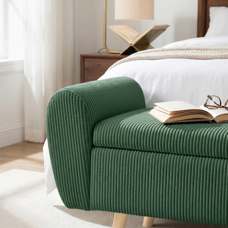 HOMCOM Storage Ottoman, 59" Corduroy End of Bed Storage Bench for King Size Bed with Wooden Legs and Rolled Arms, Dark Green