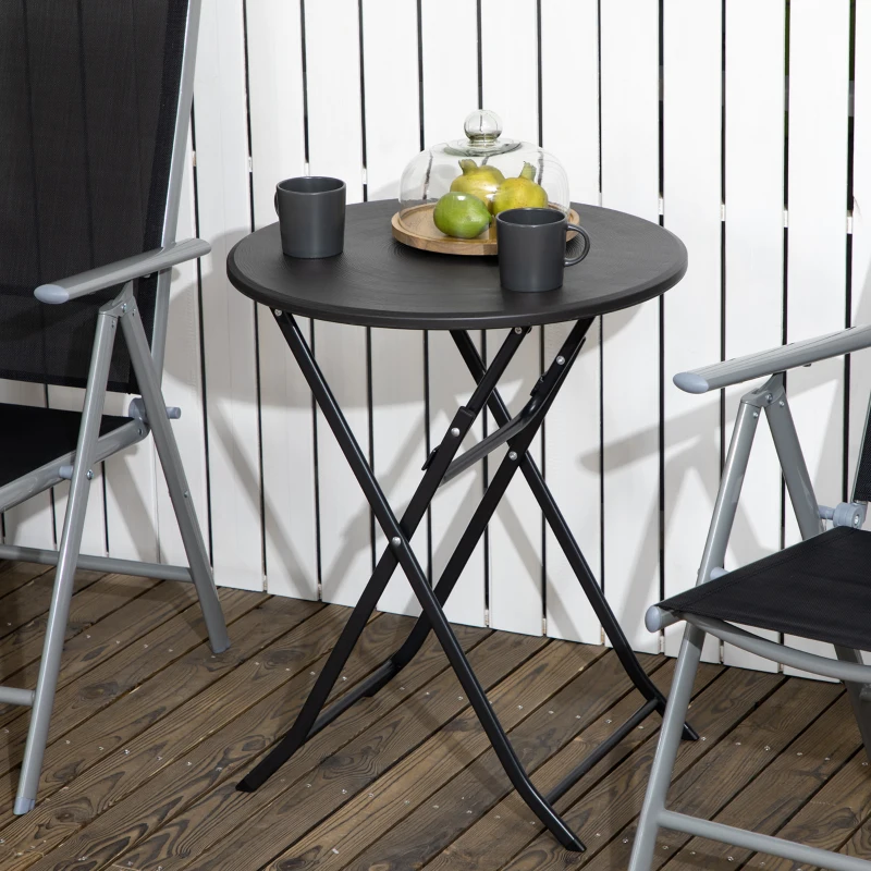 Outsunny Folding Outdoor Coffee Table, 23.6" Round Patio Table with Wood-Effect HDPE Top for Balcony, Garden, Backyard, Dark Grey