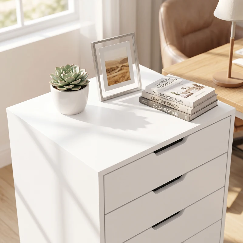 HOMCOM File Cabinet on Wheels Mobile Printer Stand with 5 Drawers for Home Office White