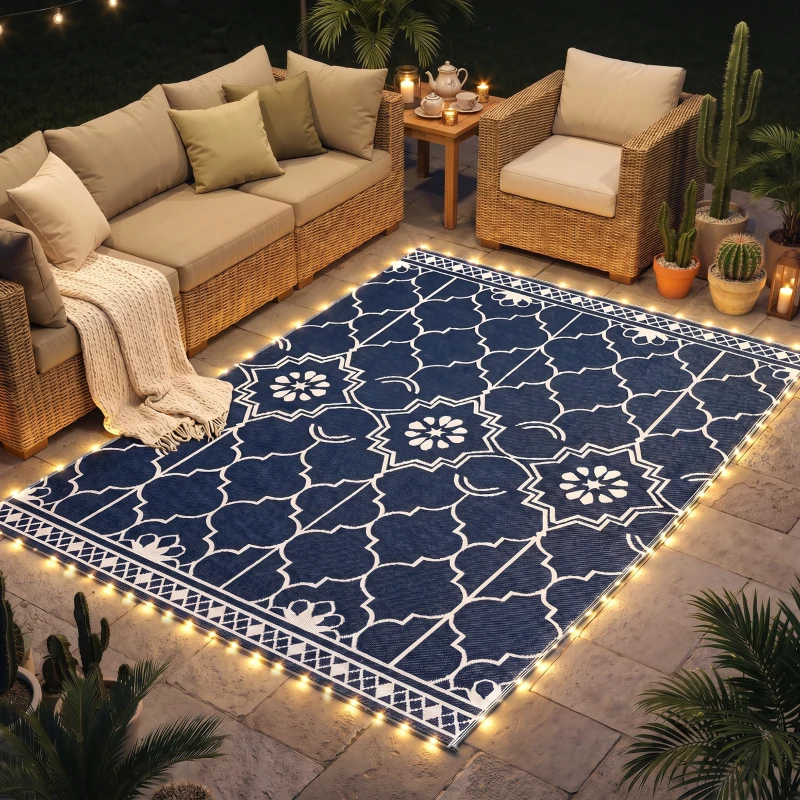Outsunny Reversible Outdoor Rug Carpet with LED Lights, 10' x 8' PP Straw Rug with Carry Bag and Ground Stakes