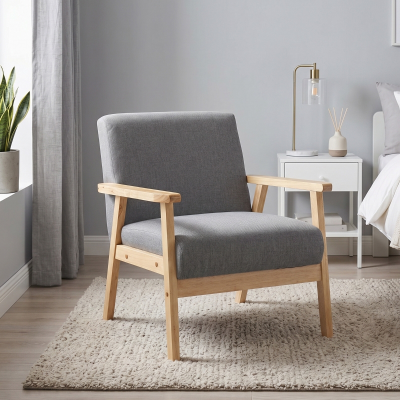 HOMCOM Minimalistic Accent Chairs Wood Frame w/ Thick Linen Cushions Wide Seat Armchair for Bedroom Office, Grey