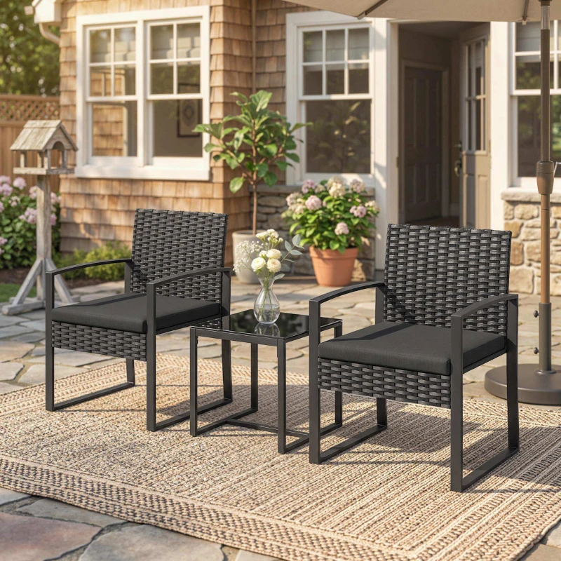 Outsunny Outdoor Bistro Set, 3 Piece Wicker Patio Furniture Set with Glass Top Table and Cushions for Porch, Balcony, Black