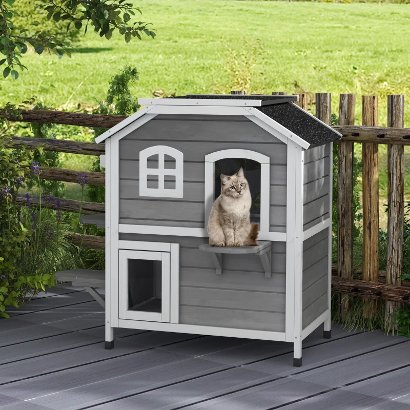 PawHut 2-story Cat House Outdoor, Weatherproof Wooden Cat Enclosure for Feral Cats with Escape Door, Openable Roof, Jumping Platforms, Gray