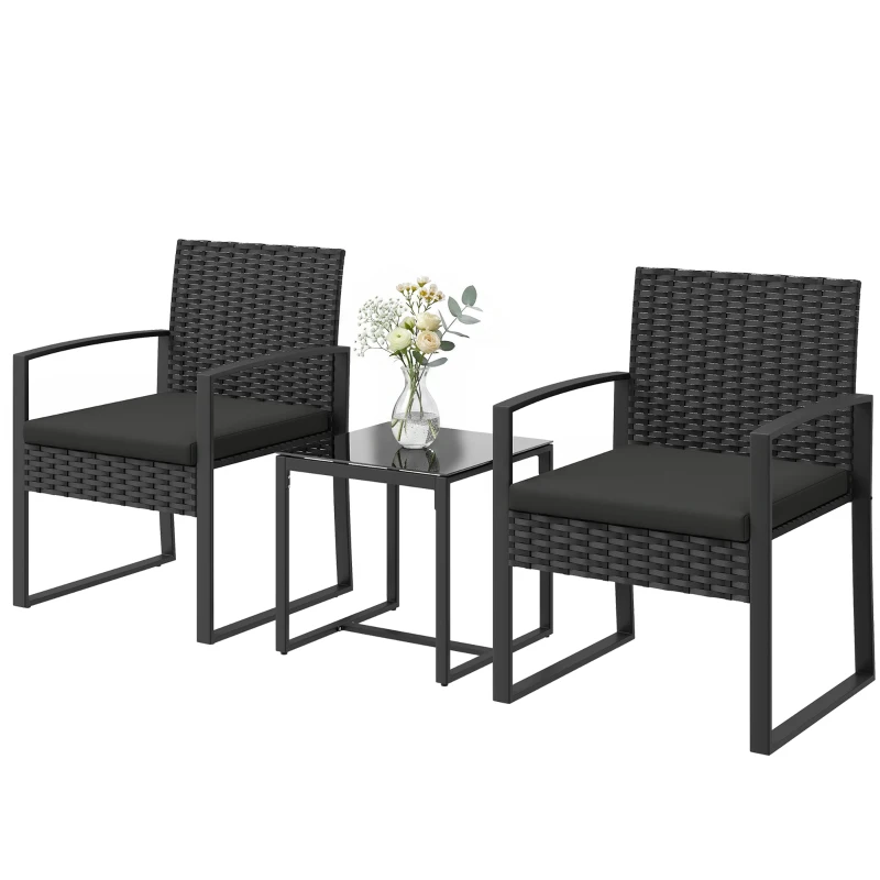Outsunny Outdoor Bistro Set, 3 Piece Wicker Patio Furniture Set with Glass Top Table and Cushions for Porch, Balcony, Black