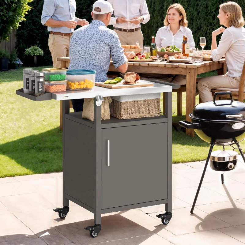 Outsunny Outdoor Grill Cart with Steel top, Pizza Oven Stand with Cabinet, Spice Rack, Towel Holder, Bottle Opener, Brown