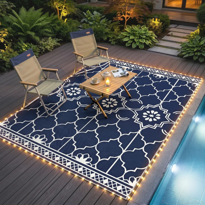 Outsunny Reversible Outdoor Rug Carpet with LED Lights, 10' x 8' PP Straw Rug with Carry Bag and Ground Stakes