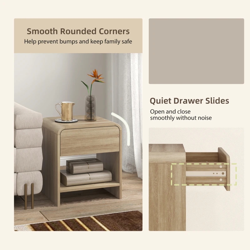 HOMCOM Nightstand Set of 2, Modern Bedside Table with Rounded Corners, Nightstand with Drawer and Open Shelf, Natural Wood