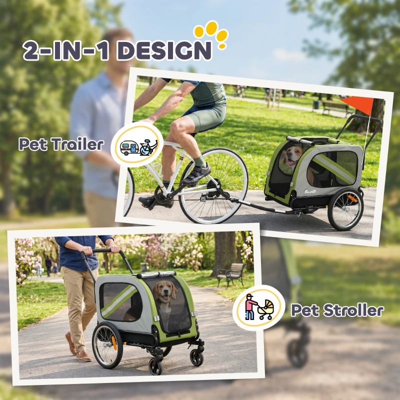 PawHut Dog Bike Trailer, 2-in-1 Dog Wagon Pet Stroller for Travel with Universal Wheel Reflectors Flag, Green
