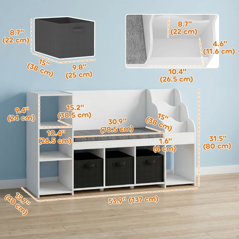 Qaba Kids Storage Shelf with Reading Nook, Toy Storage Organizer with Seat Cushion, 3 Fabric Drawers for Playroom, Nursery