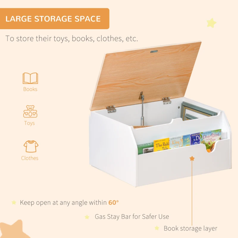 Qaba Wooden Kids Toy Box with Lid, Children Storage Organizer with Safety Hinge, Toy Trunk Chest, White