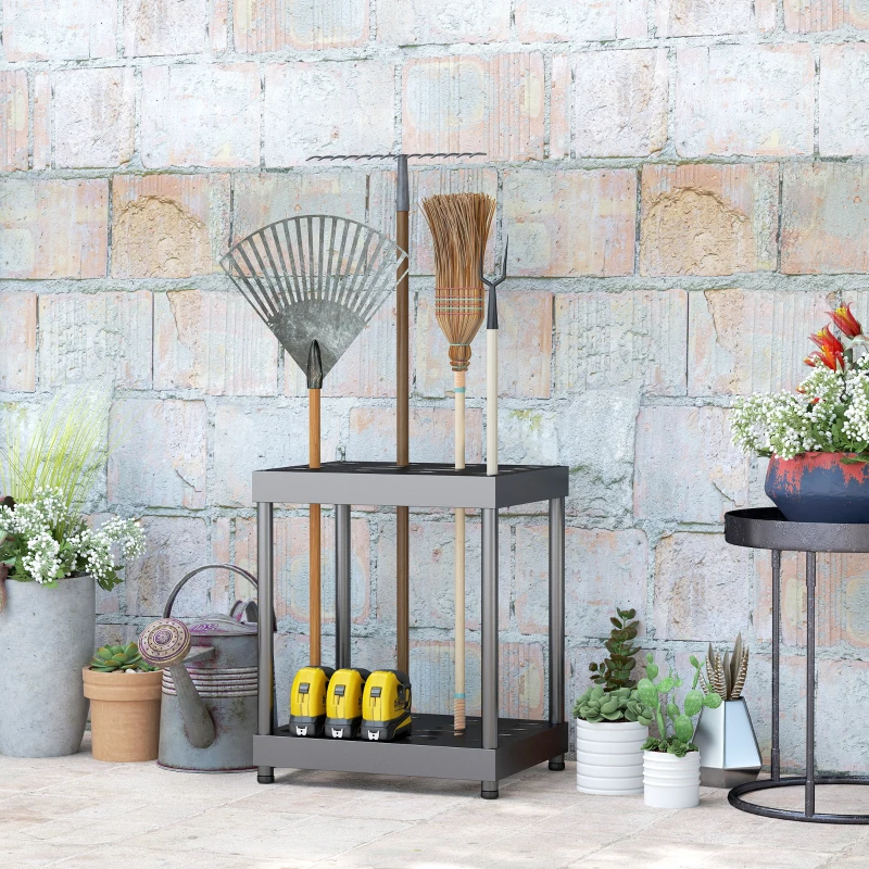 Outsunny Garden Tool Storage Rack, Up to 16 Tools, Heavy-Duty Metal Yard Tool Organizer for Garage Organization and Storage