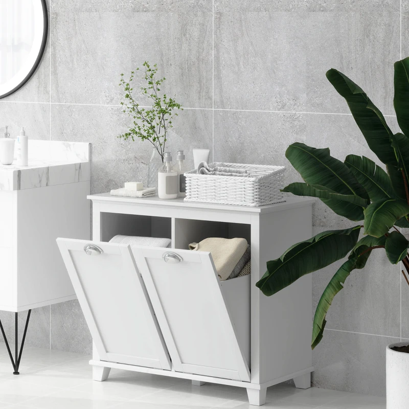 HOMCOM Tilt-Out Laundry Storage Cabinet, Bathroom Storage Organizer with Two-Compartment Tilt Out Hamper, White