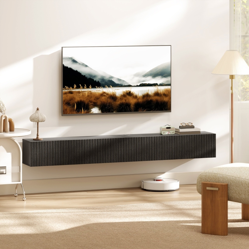 HOMCOM 71" Floating TV Stand for TVs up to 72 Inch, Wall Mount Media Console with 2 Fluted Flip-Down Doors, Cable Hole, Black