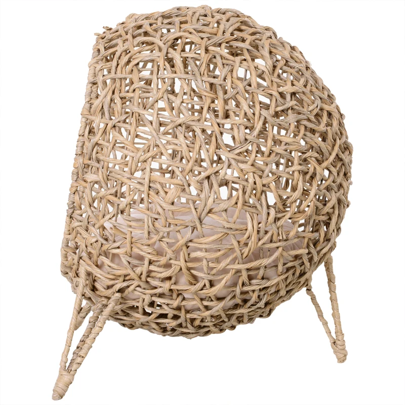 PawHut Rattan Cat House with Cushion, Elevated Wicker Kitten Bed for Indoor Cats, Natural Wood