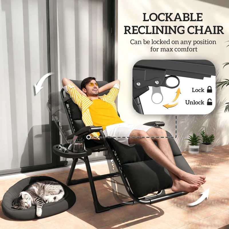 Outsunny 2pcs Reclining Zero Gravity Chair with Adjustable Backrest, Folding Garden Sun Lounger with Removable Cushion, Grey