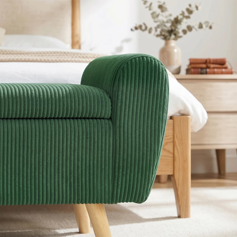 HOMCOM Storage Ottoman, 59" Corduroy End of Bed Storage Bench for King Size Bed with Wooden Legs and Rolled Arms, Dark Green