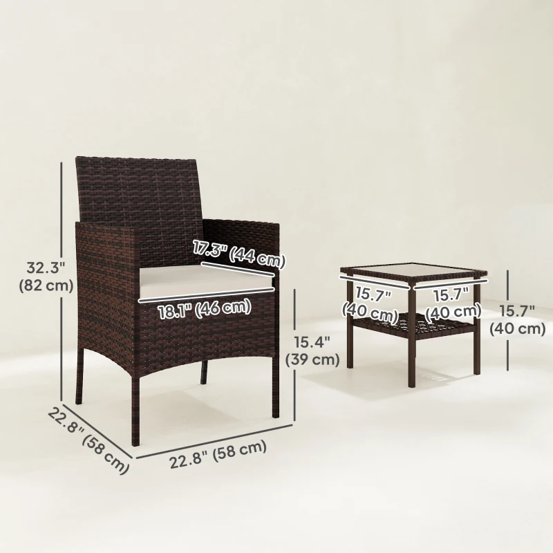 Outsunny Wicker Bistro Set, 3 Piece Patio Furniture Set with 2-Tier Glass Top Table, Cushions for Balcony, Porch, Beige