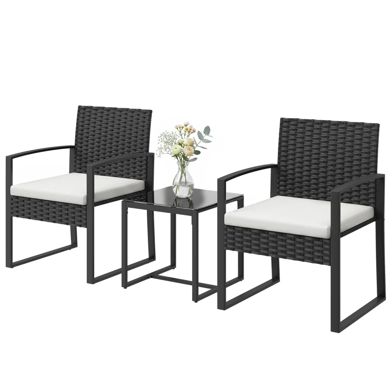 Outsunny Outdoor Bistro Set, 3 Piece Wicker Patio Furniture Set with Glass Top Table and Cushions for Porch, Balcony, Cream White