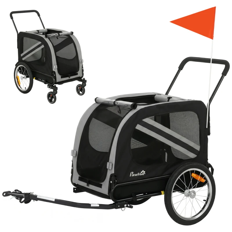 PawHut Dog Bike Trailer, 2-in-1 Dog Stroller with Universal Wheel Reflectors Flag, Grey