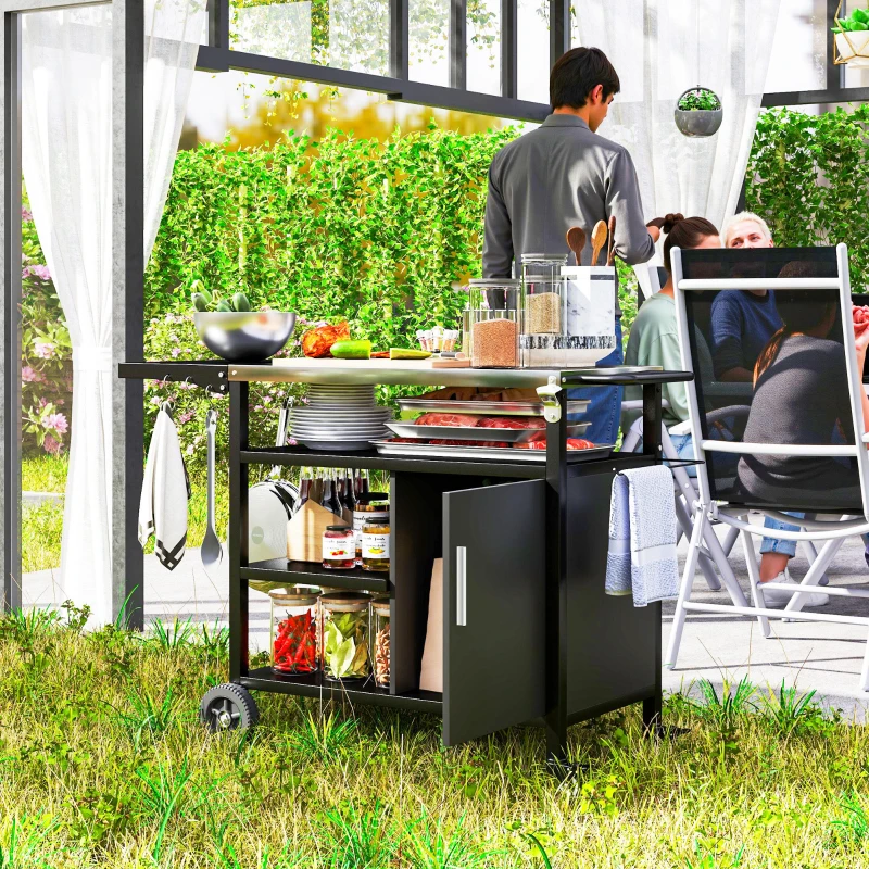 Outsunny Outdoor BBQ Stand with Foldable Side Table, Stainless Steel Top, Pizza Oven Table with Wheels Hooks Shelves