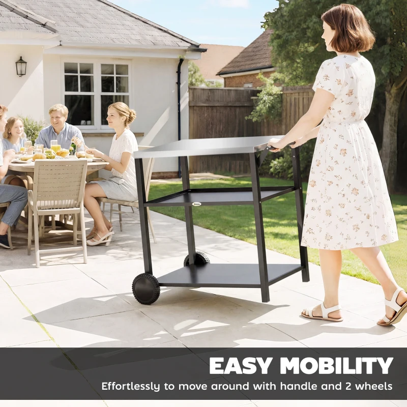 Outsunny Outdoor Grill Cart with Stainless Steel Tabletop, 3-Tier BBQ Stand, Movable Food Prep Table on Wheels, Black