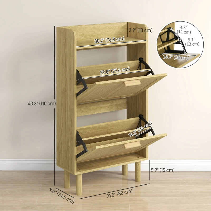 HOMCOM Slim Shoe Storage with 2 Flip Drawers and Adjustable Shelves, Rattan Shoe Cabinet Organizer for 12 Pair, Oak