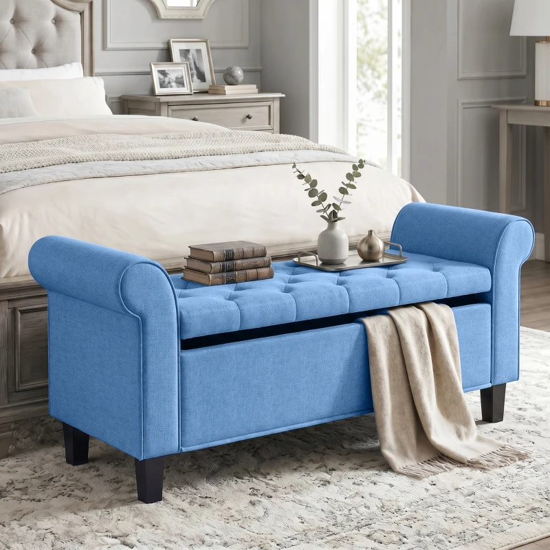 HOMCOM 47" Storage Ottoman Bench, Tufted End of Bed Bench with Rolled Arms, Safety Hinge, Wood Legs for Bedroom, Blue