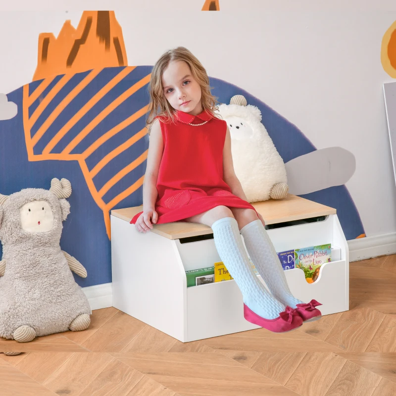Qaba Wooden Kids Toy Box with Lid, Children Storage Organizer with Safety Hinge, Toy Trunk Chest, White