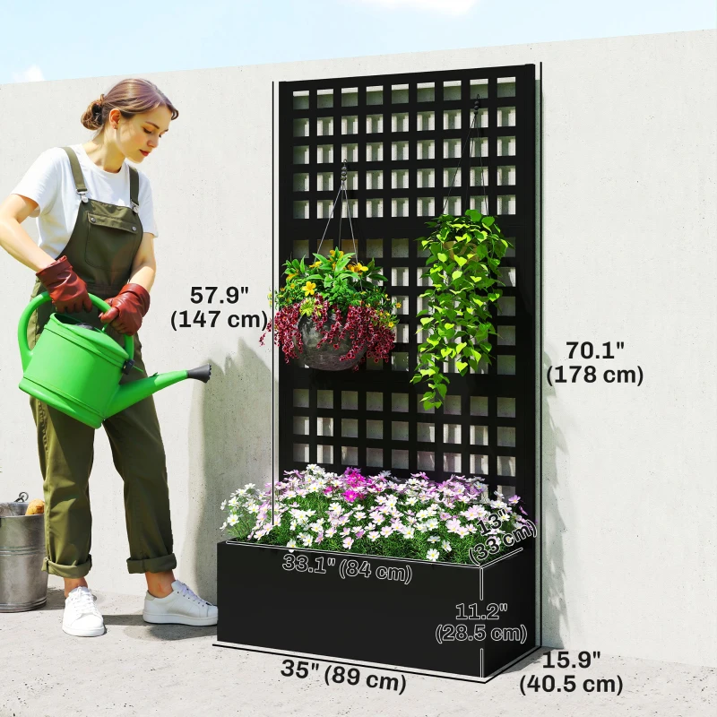 Outsunny Galvanized Raised Garden Bed Planter Box with Trellis for Climbing Plants, Vegetable, Vines, 35" x 16" x 70", Black
