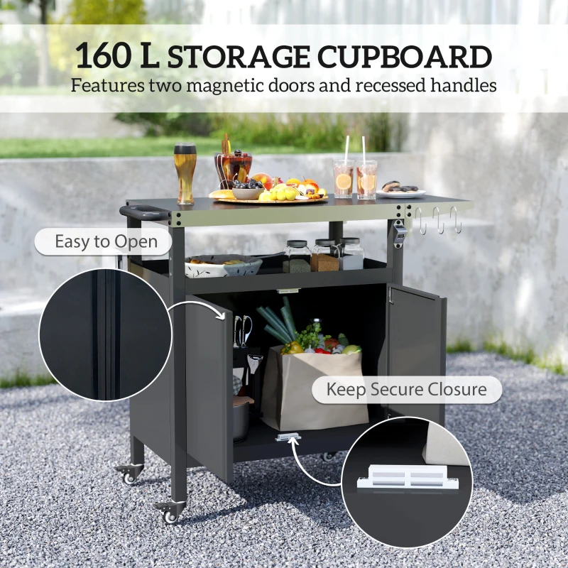 Outsunny Outdoor Grill Cart Table with Foldable Side Table, BBQ Grill Stand with Stainless Steel Top & Hooks, 45.7"x19.7", Black