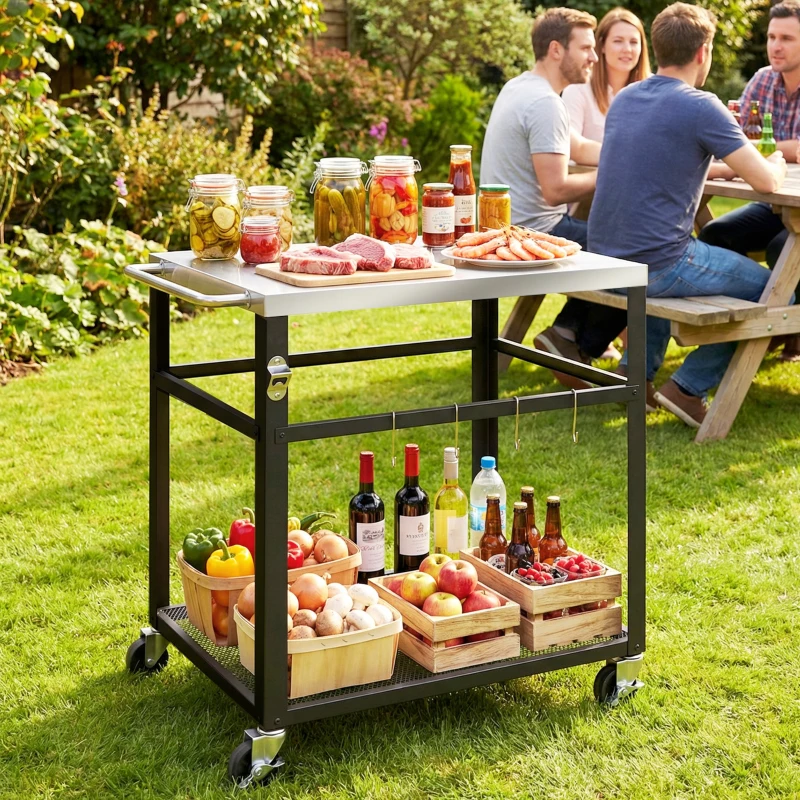 Outsunny Outdoor Grill Cart with Stainless Steel Tabletop, 2-Tier Kitchen Prep Station with Hooks, Lockable Wheels, Black