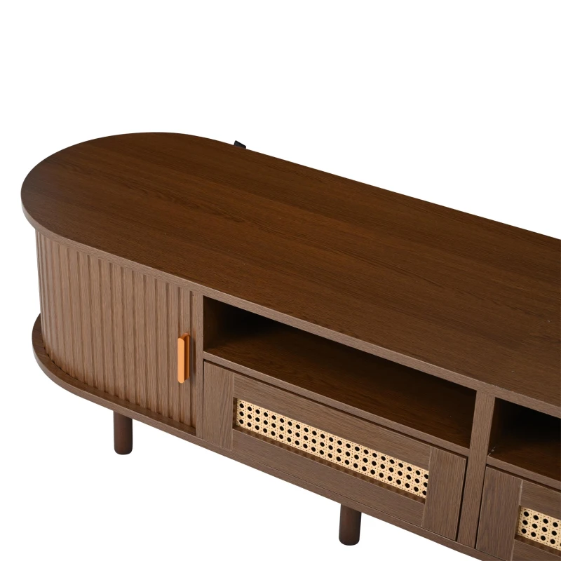 Modern TV Stand with 2 Rattan Drawers and 2 Sliding Doors, Rounded-Corner TV Cabinet with Centre Rattan Panel, 65" L x 15.5" W x 15.5" H, Walnut