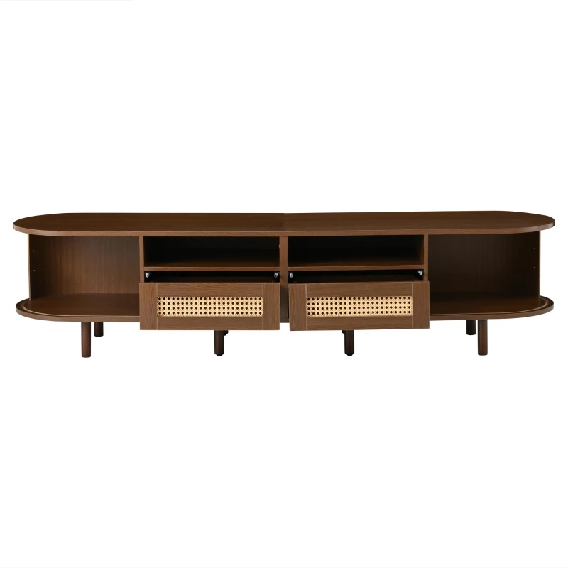 Modern TV Stand with 2 Rattan Drawers and 2 Sliding Doors, Rounded-Corner TV Cabinet with Centre Rattan Panel, 65" L x 15.5" W x 15.5" H, Walnut