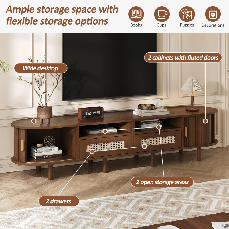 Modern TV Stand with 2 Rattan Drawers and 2 Sliding Doors, Rounded-Corner TV Cabinet with Centre Rattan Panel, 65" L x 15.5" W x 15.5" H, Walnut