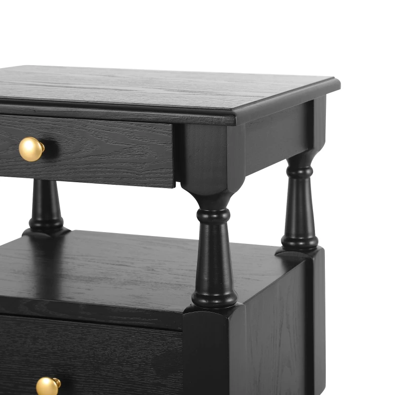 Set of 2 Black Wooden Nightstands with Drawers and Open Shelf, Textured Bedside Tables with Non-Slip Rubber Pads, 19'' L x 15'' W x 22.5'' H, Black