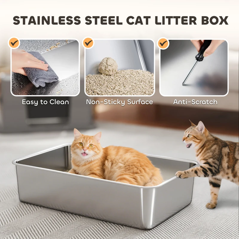 PawHut XL Stainless Steel Litter Box w/ 100° Flip Top, Scoop, Side Top Dual Entry, Odor Free, Easy Cleaning, Anti Leakage