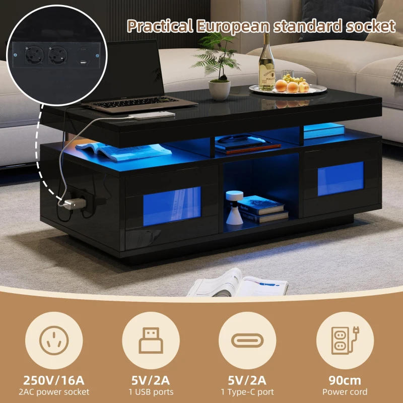 High Gloss Coffee Table with App-Controlled LED Light Strip, Functional Center Table with 2 Soft-Close Acrylic Cabinets, 39.5" L x 19.5" W x 17" H, Black