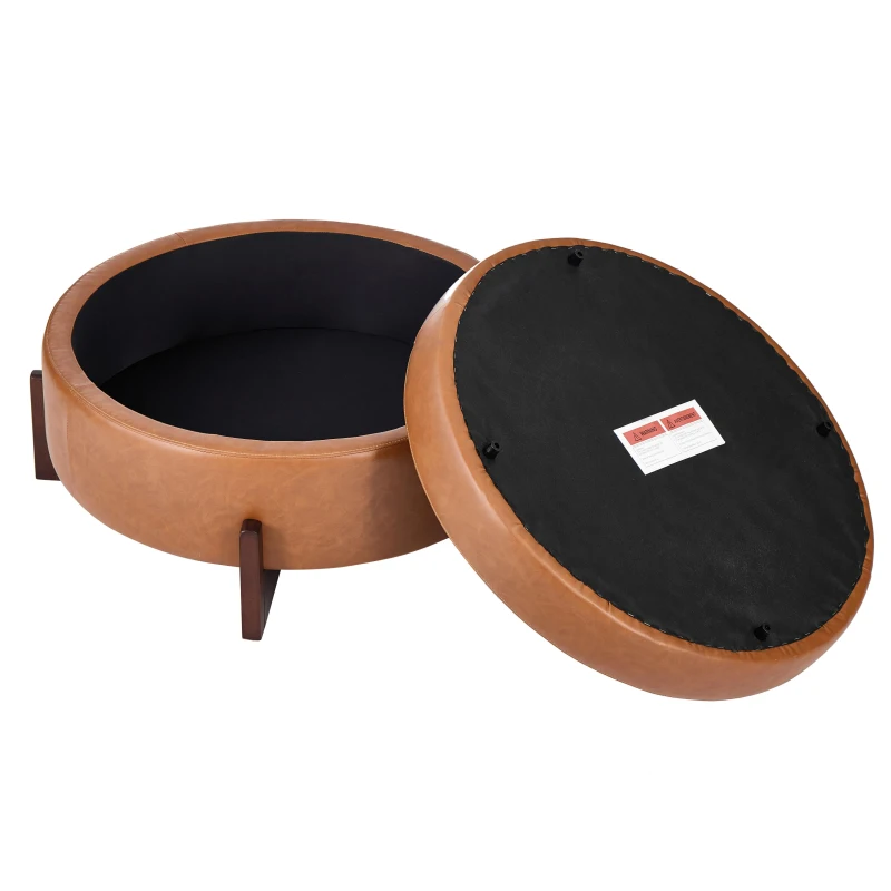 Round Storage Ottoman with Tufted Fabric Upholstery, Multi-Functional Coffee Table with Solid Wood Legs, 32'' L x 32'' W x 17.5'' H, Brown